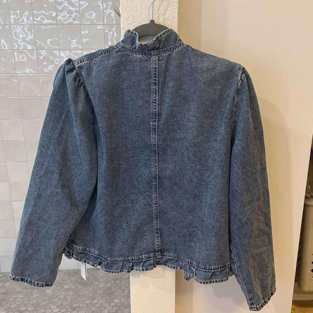 NWT Classic Blue Denim Jacket with Ruffle Trim​ - Picture 2 of 4
